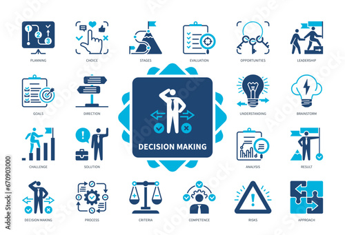 Decision Making icon set. Brainstorm, Criteria, Planning, Analysis, Competence, Opportunities, Understanding, Result. Duotone color solid icons