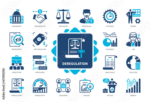 Deregulation icon set. Economics, Competition, Transparency, Simple Rules, Consumers, Price Reduction, Productivity, Efficiency. Duotone color solid icons