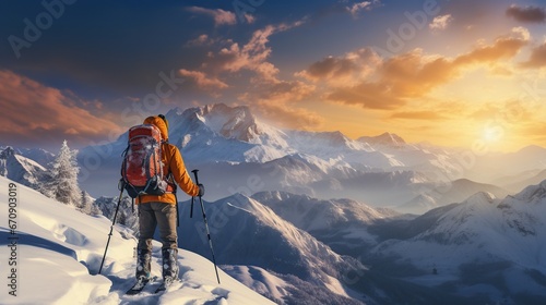 mountaineer backcountry ski walking ski alpinist in the mountains, ski touring in alpine landscape with snowy trees, adventure winter sport photo