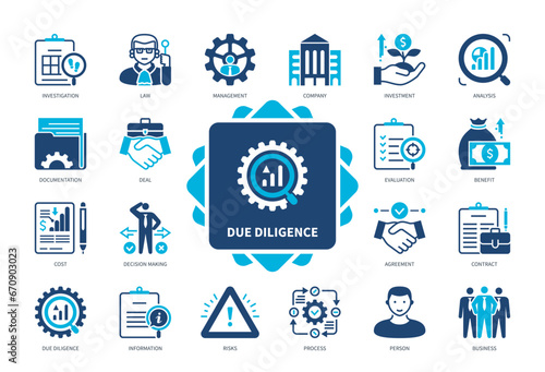 Due Diligence icon set. Investment, Evaluation, Risks, Decision Making, Cost, Management, Contract, Analysis. Duotone color solid icons