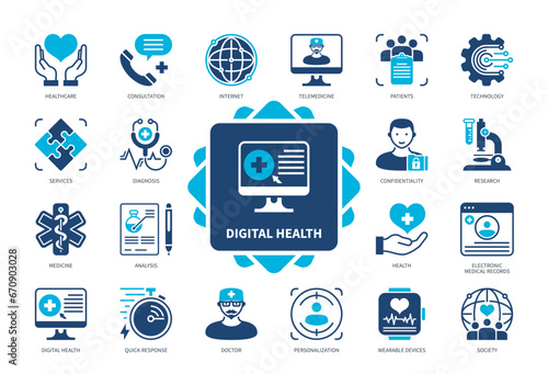 Digital Health icon set. Telemedicine, Diagnosis, Quick Response, Wearable Devices, Patient, Analysis, Health, Consultation. Duotone color solid icons