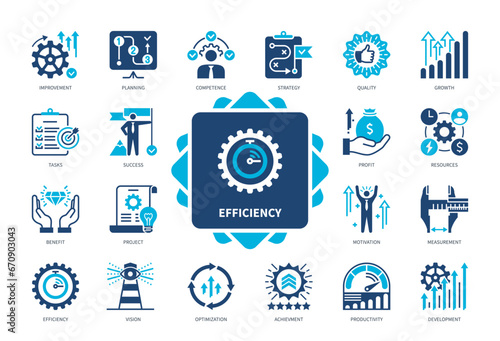 Efficiency icon set. Development, Project, Strategy, Quality, Vision, Planning, Competence, Resources. Duotone color solid icons