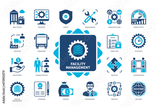 Facility Management icon set. Real Estate, Finance, Management, Administration, Infrastructure, Efficiency, Safety, Maintenance. Duotone color solid icons