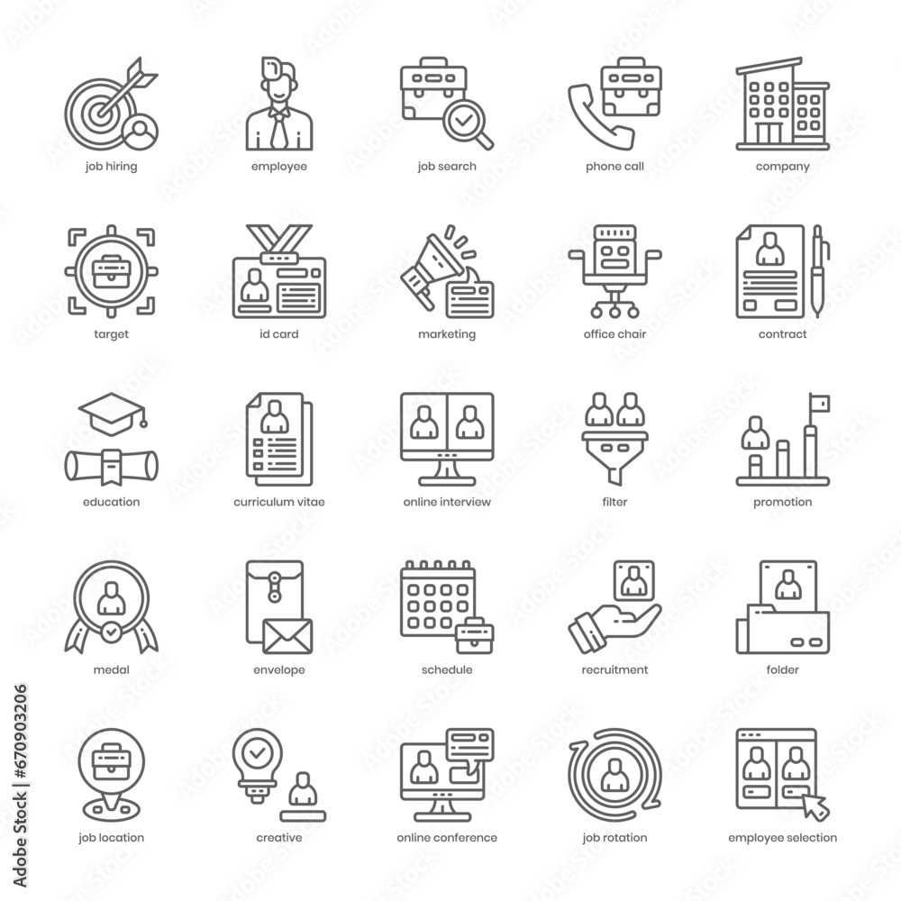 Job Hiring icon pack for your website design, logo, app, and user interface. Job Hiring icon outline design. Vector graphics illustration and editable stroke. Job Hiring icon pack for your website design, logo, app, and user interface. Job Hiring icon outline design. Vector graphics illustration and editable stroke.