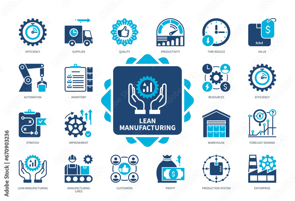 Lean Manufacturing icon set. Enterprise, Quality, Value, Time Reduce, Customers, Manufacturing Lines, Supplier, Profit. Duotone color solid icons - obrazy, fototapety, plakaty 
