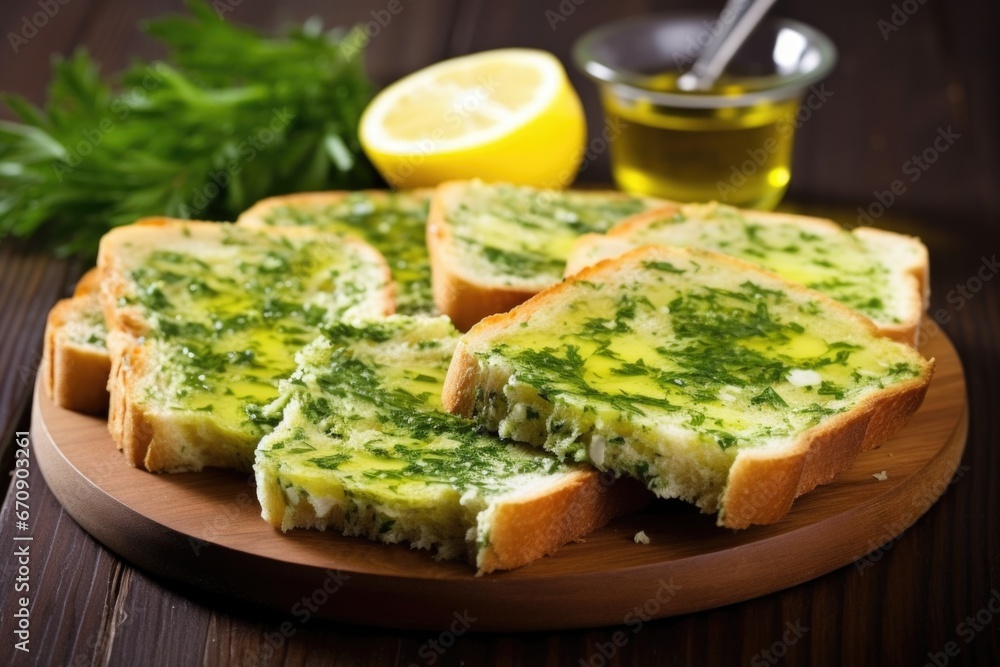 toasted slices of bread smeared with garlic herb butter toasted slices of bread smeared with garlic herb butter