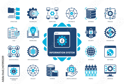 Information System icon set. Tasks, Computing, Database, Collect, Storage, Security, People, Technology. Duotone color solid icons