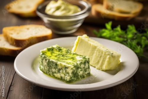 garlic herb butter on a butter dish, grilled bread on a plate