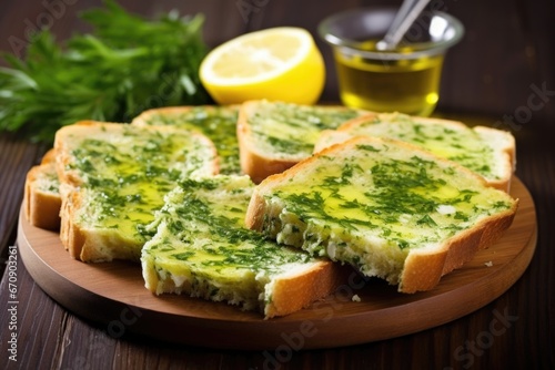 toasted slices of bread smeared with garlic herb butter