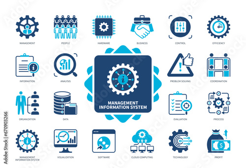 Management Information System (MIS) icon set. Coordination, Control, Cloud Computing, Analysis, Technology, People, Data, Business. Duotone color solid icons