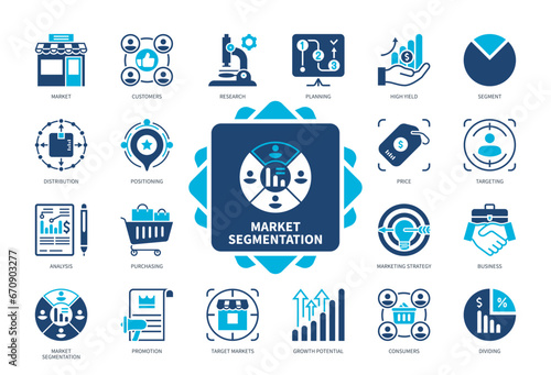 Market Segmentation icon set. Dividing, Customers, Purchasing, Marketing Strategy, Distribution, Targeting, Promotion, Consumers. Duotone color solid icons