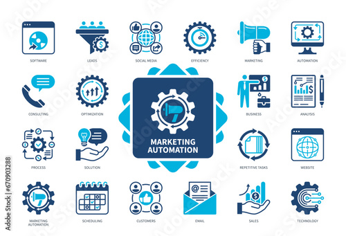 Marketing Automation icon set. Software, Scheduling, Consulting, Social Media, Sales, Customers, Solution, Leads Duotone color solid icons