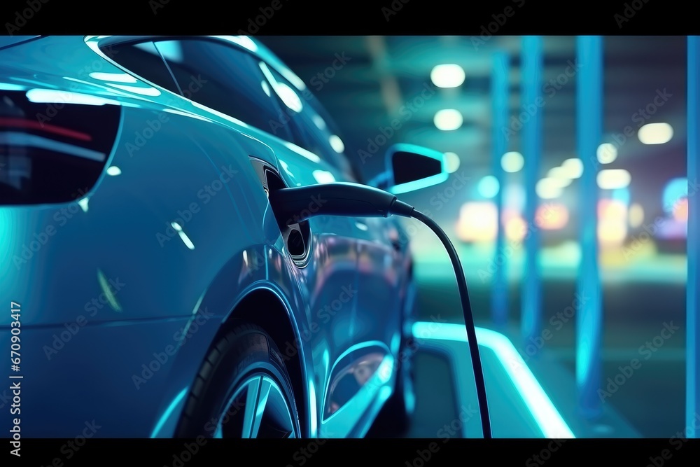 This 3D rendering depicts an electric car being charged at a charging station. Such eco-friendly scenes symbolize the future of transportation.

 Generative AI