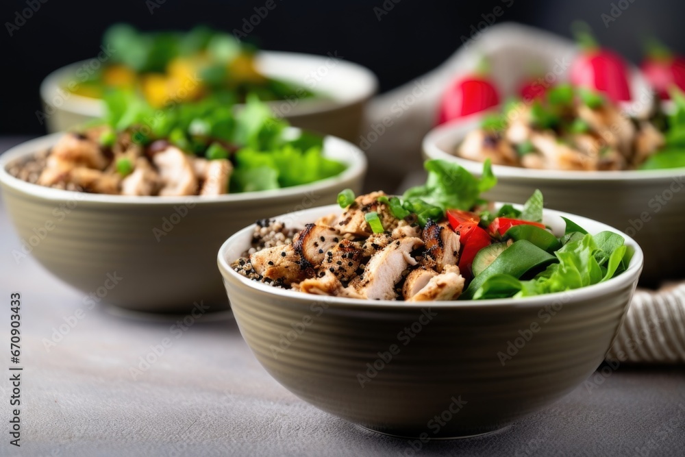bowls with grilled chicken, salad leaves, and quinoa bowls with grilled chicken, salad leaves, and quinoa