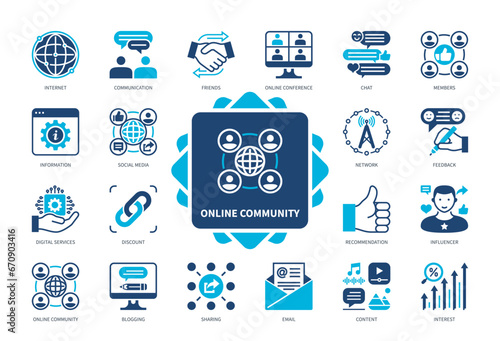 Online Community icon set. Internet, Network, Blogging, Digital Services, Friends, Communication, Social Media, Sharing. Duotone color solid icons