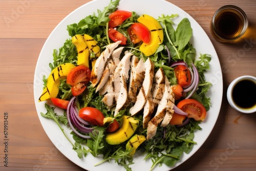 deconstructed grilled chicken salad, with each ingredient placed separately