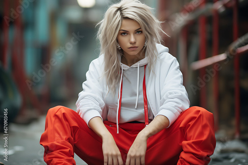 Fashion Young Blond Model in a Sporty Athleisure Outfit