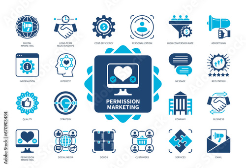 Permission Marketing icon set. Cost-Efficiency, Personalization, Social Media, High Conversion Rate, Customers, Advertising, Reputation, Goods, Services. Duotone color solid icons