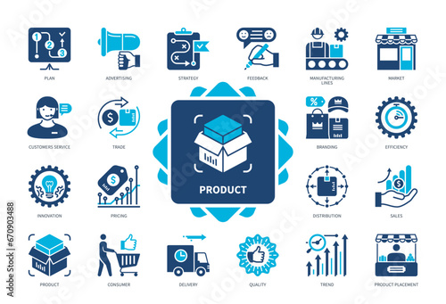 Product icon set. Delivery  Feedback  Pricing  Trends  Market  Manufacture Lines  Customer Service  Quality. Duotone color solid icons