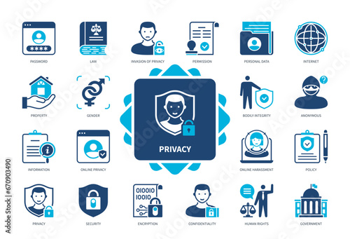 Privacy icon set. Password, Information, Gender, Bodily Integrity, Personal Data, Permission, Security, Policy. Duotone color solid icons