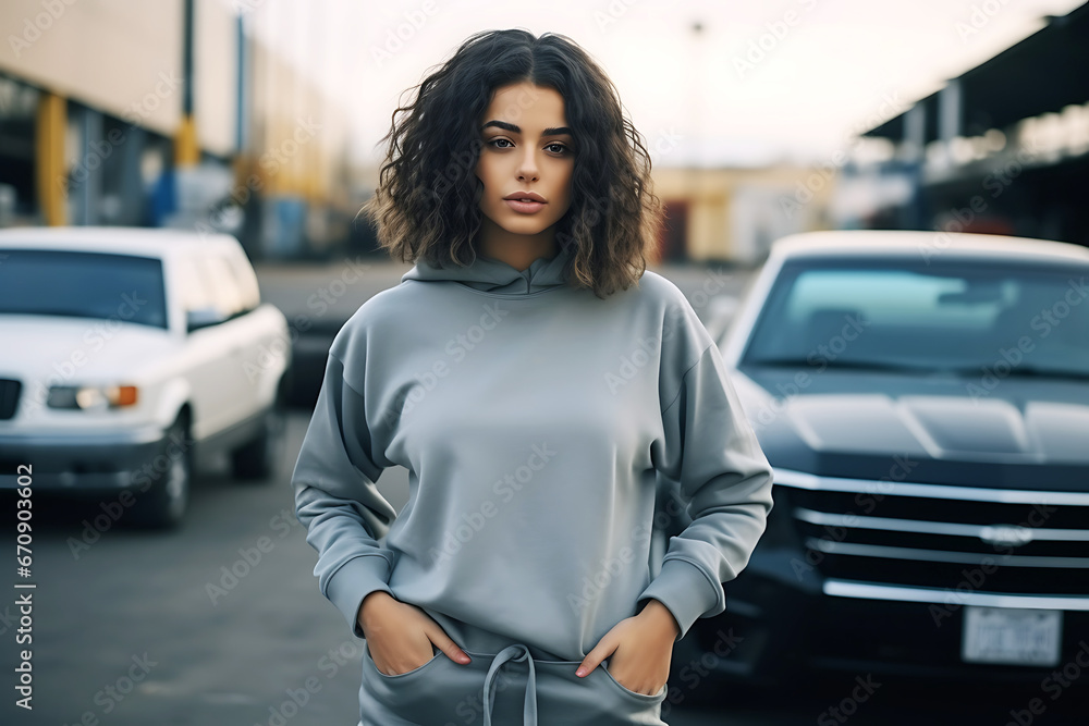 A beautiful brunette girl with short curly hair poses in a gray hoodie in a car parking lot. Athleisure style A beautiful brunette girl with short curly hair poses in a gray hoodie in a car parking lot. Athleisure style