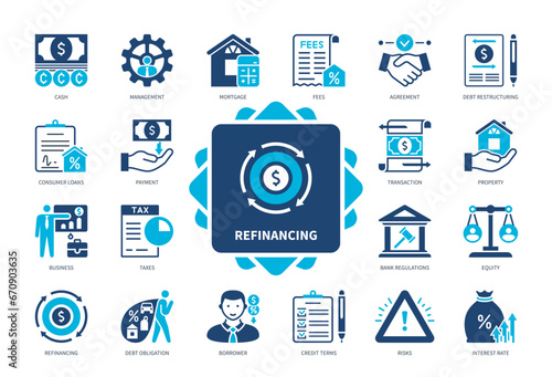 Refinancing icon set. Credit Terms, Mortgage, Debt Obligation, Consumer Loans, Interest Rate, Property, Conditions, Agreement. Duotone color solid icons