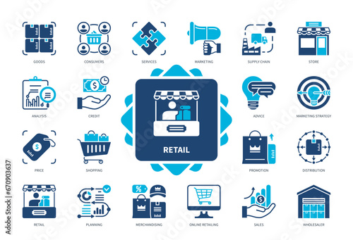 Retail icon set. Store, Distribution, Analysis, Consumers, Marketing, Online Retailing, Merchandising, Sales. Duotone color solid icons