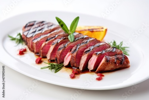 close-up of grilled duck on a white plate