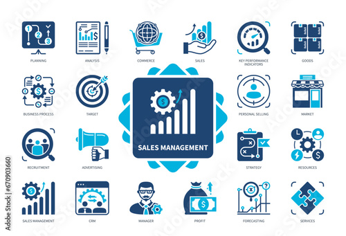 Sales Management icon set. Business Process, Commerce, Strategy, Planning, Personal Selling, Forecasting, CRM. Duotone color solid icons