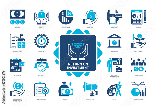 Return on Investment icon set. Accounting, Strategy, Dividend, Cost of Investment, Profit, Capital, Debt, Sales. Duotone color solid icons