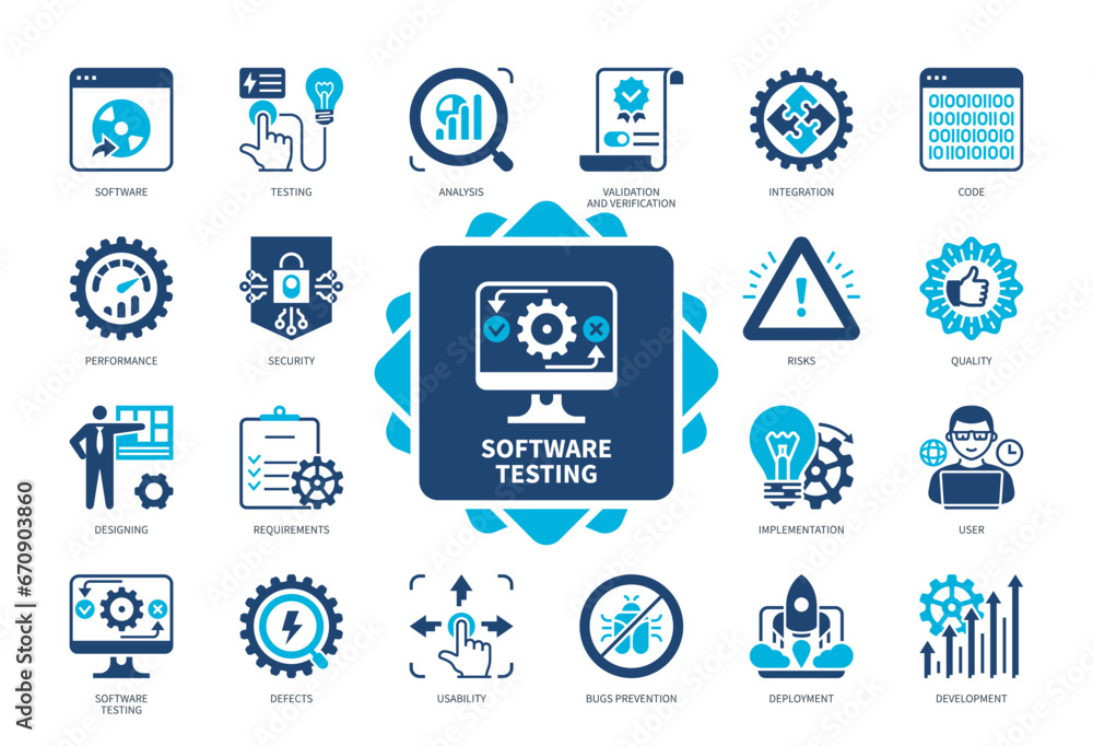 Software Testing icon set. Code, Integration, Bugs Prevention, Quality, Security, Requirements, Development, Usability. Duotone color solid icons - obrazy, fototapety, plakaty 