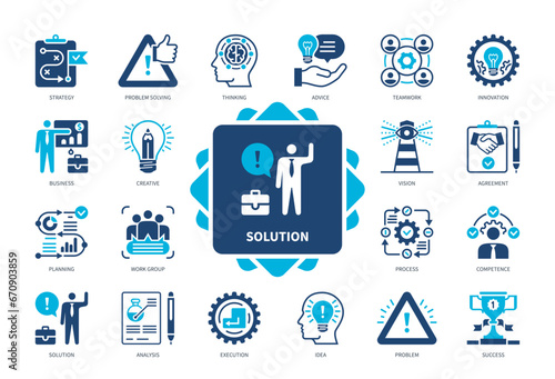 Solution icon set. Planning, Analysis, Problem Solving, Strategy, Thinking, Idea, Execution, Success. Duotone color solid icons