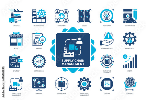 Supply Chain Management icon set. Logistics, Profit, Distribution, Manufacturer, Customers, Analysis, Management, Retailer. Duotone color solid icons