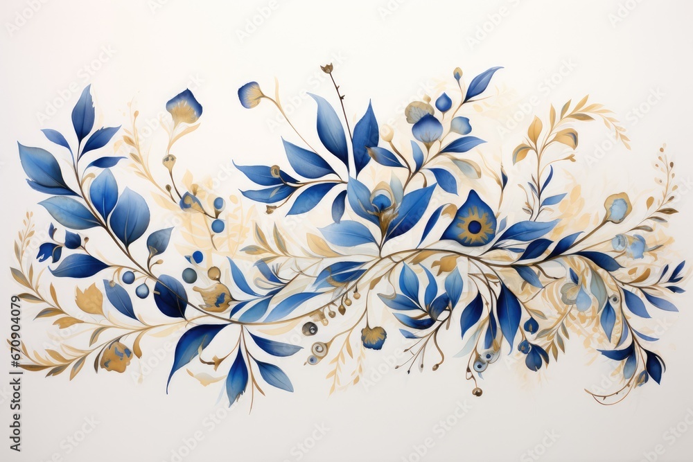 Blue flowers create design on white background. Generative AI