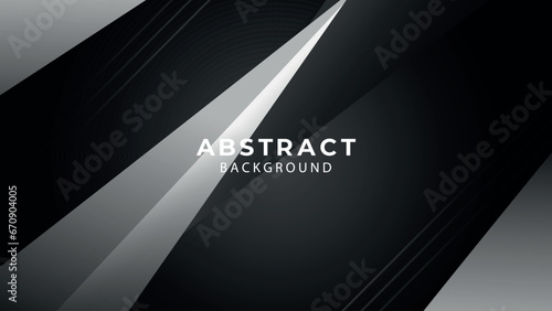 Black white overlap layered abstract modern background on dark design with geometric triangle shape, shadow, diagonal stripes line and 3d effect. For banner,  landing page, website template and more.