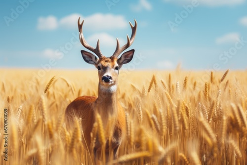 Beautiful roe deer standing in a grain field. Deer in the nature habitat. Generative AI © kardaska