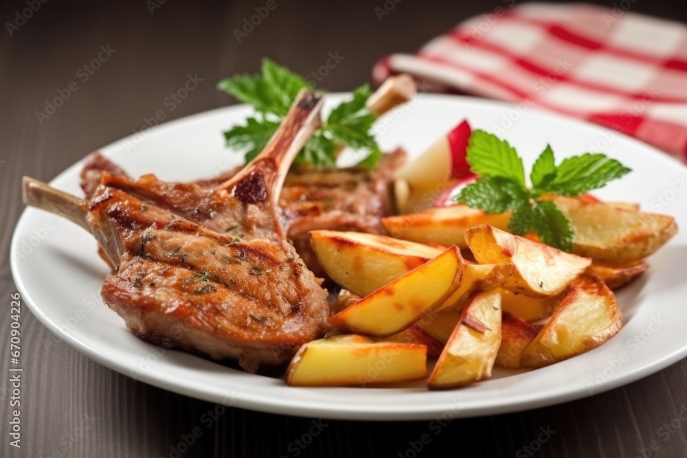lamb cutlets with a side of potato wedges lamb cutlets with a side of potato wedges