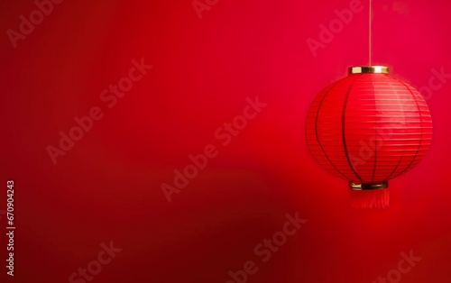 Spring Festival Poster. Minimalistic modern banner template with a hanging lantern. Chinese New Year decorations on bright red background, copy space.