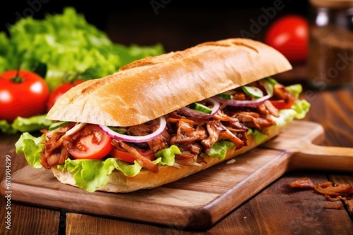 a barbecue sandwich on a baguette with lettuce and tomato