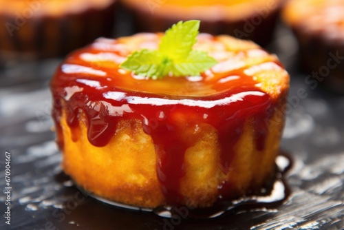 close-up of single cornbread muffin with bbq glaze