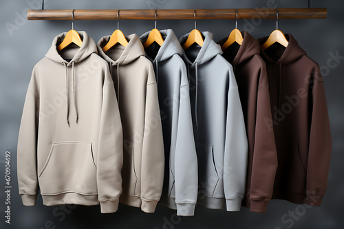 Several hoodies of different colors hang on a hanger on a dark background. Athleisure style photo
