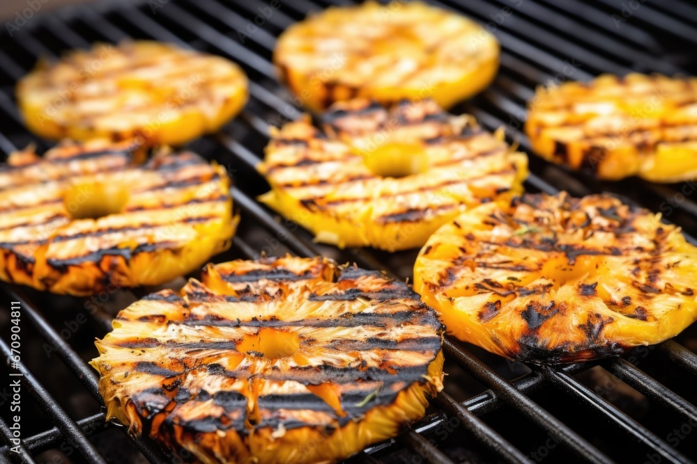 charred pineapple slices on grill grates charred pineapple slices on grill grates