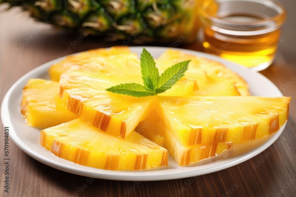 platter of brushed pineapple slices with syrup platter of brushed pineapple slices with syrup
