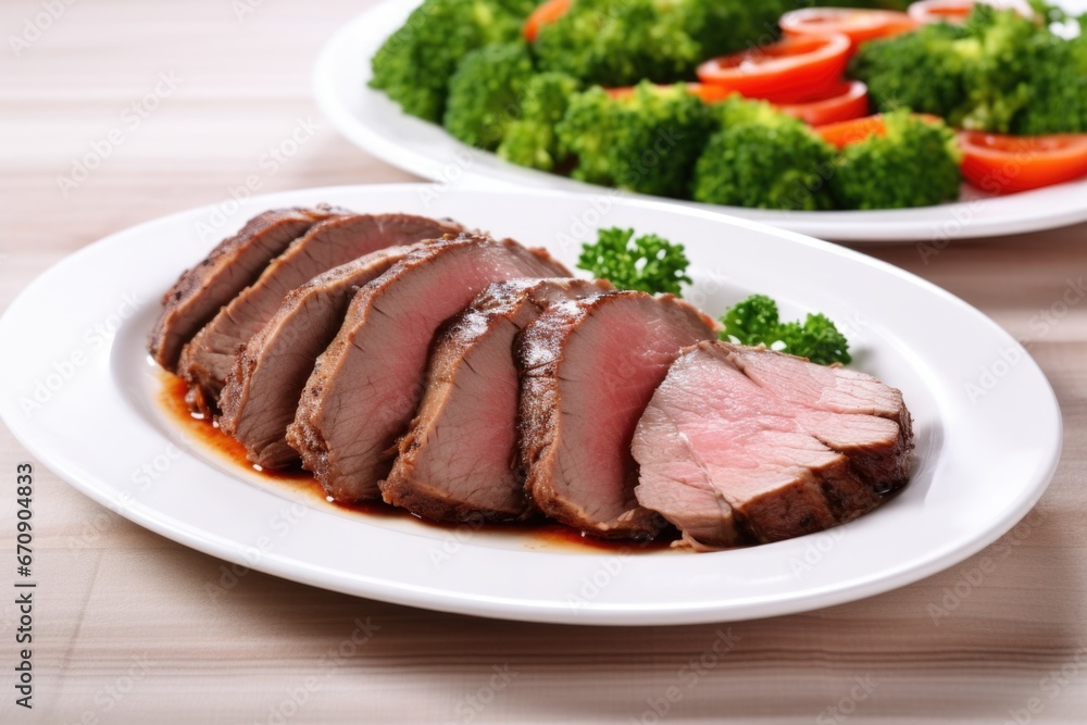sliced beef brisket on a white plate