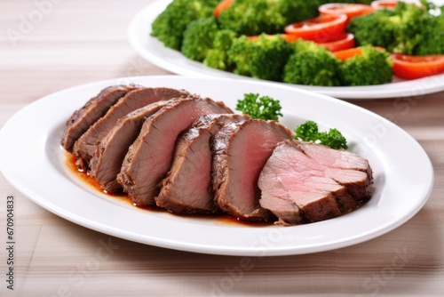 sliced beef brisket on a white plate