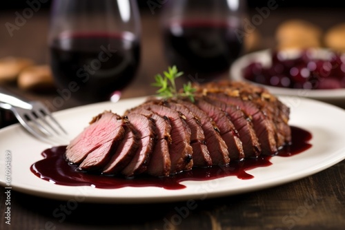 sliced beef brisket on a plate with red wine sauce drizzle