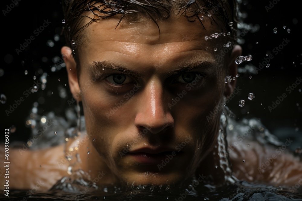 swimmer's focused face emerging from the water during a crawl stroke, Generative AI
