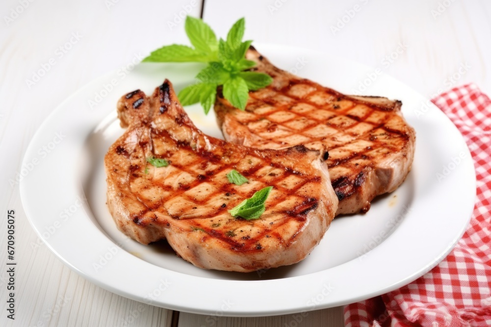 grilled pork chops on a white ceramic plate