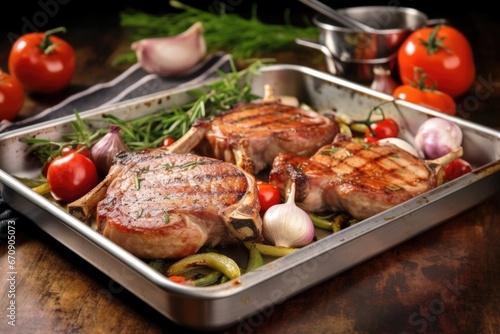 pork chops on a stainless steel serving tray