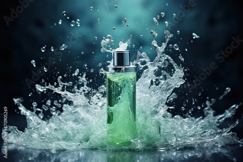 Glass tall bottle of perfume surrounded by splashes of water. Fresh aroma. Fashionable luxury perfume. Generated by artificial intelligence